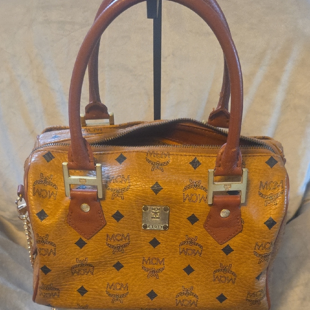 MCM Tan Satchel with Monogram Print and Leather Trim EUC